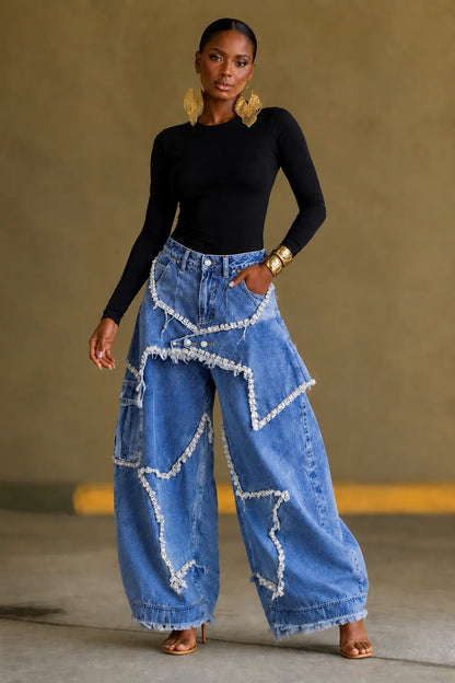Fringe Rhinestone Star Cargo Wide Leg Jeans