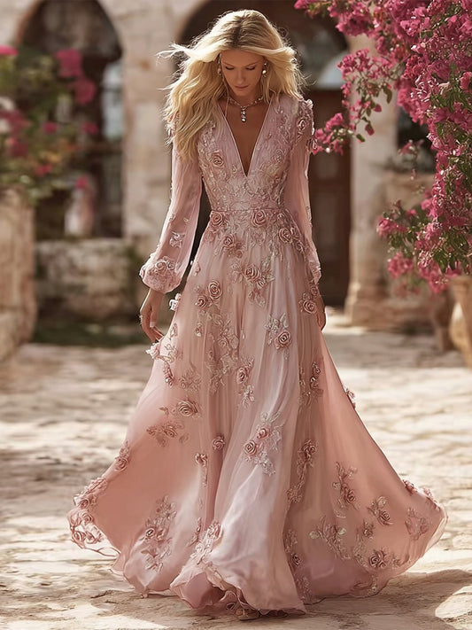 Boho Pink Roses Embroidered V Neck Flowy Maxi Dress
