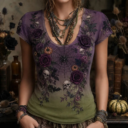 Women's Halloween Gothic Ombre Skull, Spiderweb & Rose Short-sleeve Top