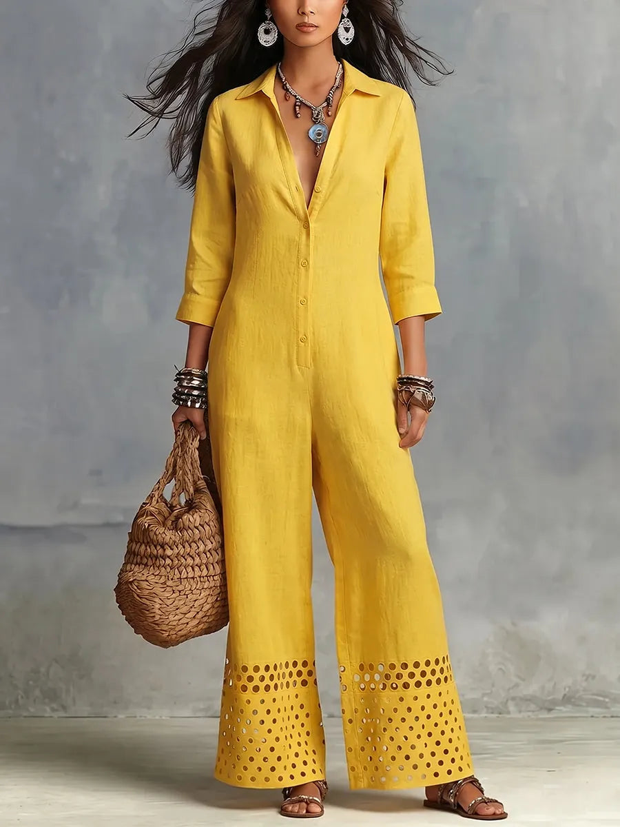 Boho-chic Yellow Cut-out Hems Cotton-linen Jumpsuit