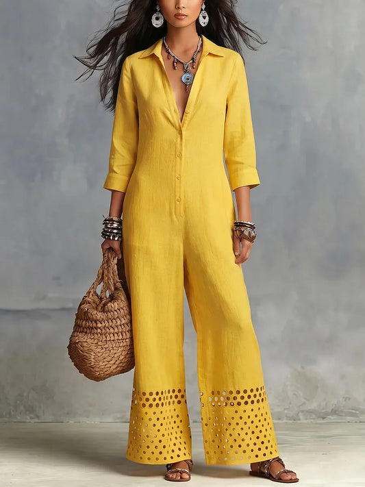 Boho-chic Yellow Cut-out Hems Cotton-linen Jumpsuit