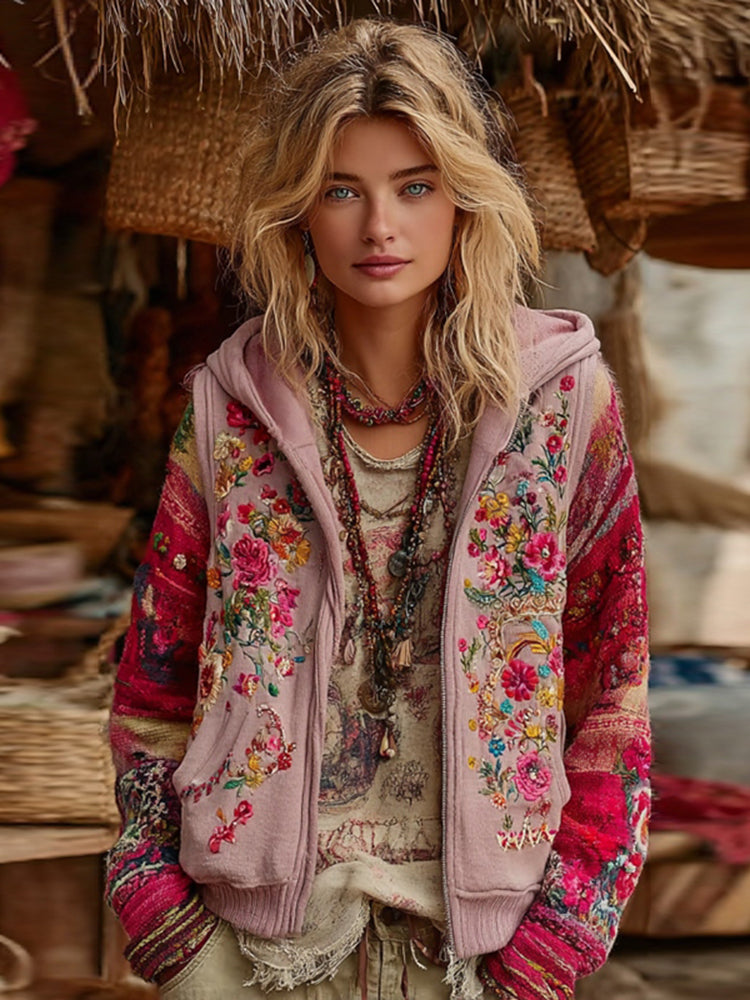 Women's Bohemian Floral Embroidery Art Casual Zipper Hoodie