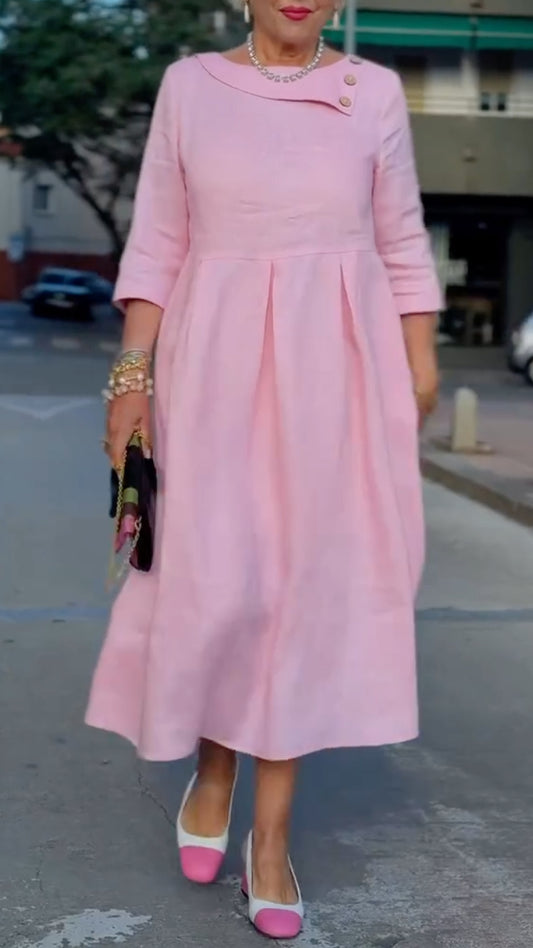 Pink Linen-Blend A-Line Midi Dress