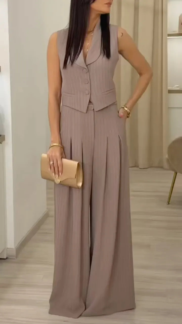 Taupe Pinstripe Sleeveless Vest & High Waist Wide Leg Pants Set