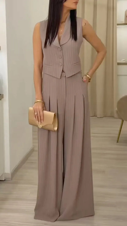 Taupe Pinstripe Sleeveless Vest & High Waist Wide Leg Pants Set