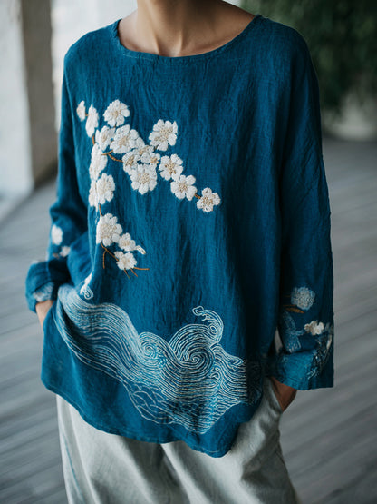 Women's Japanese Waves And Cherry Blossoms Pattern Comfortable Top