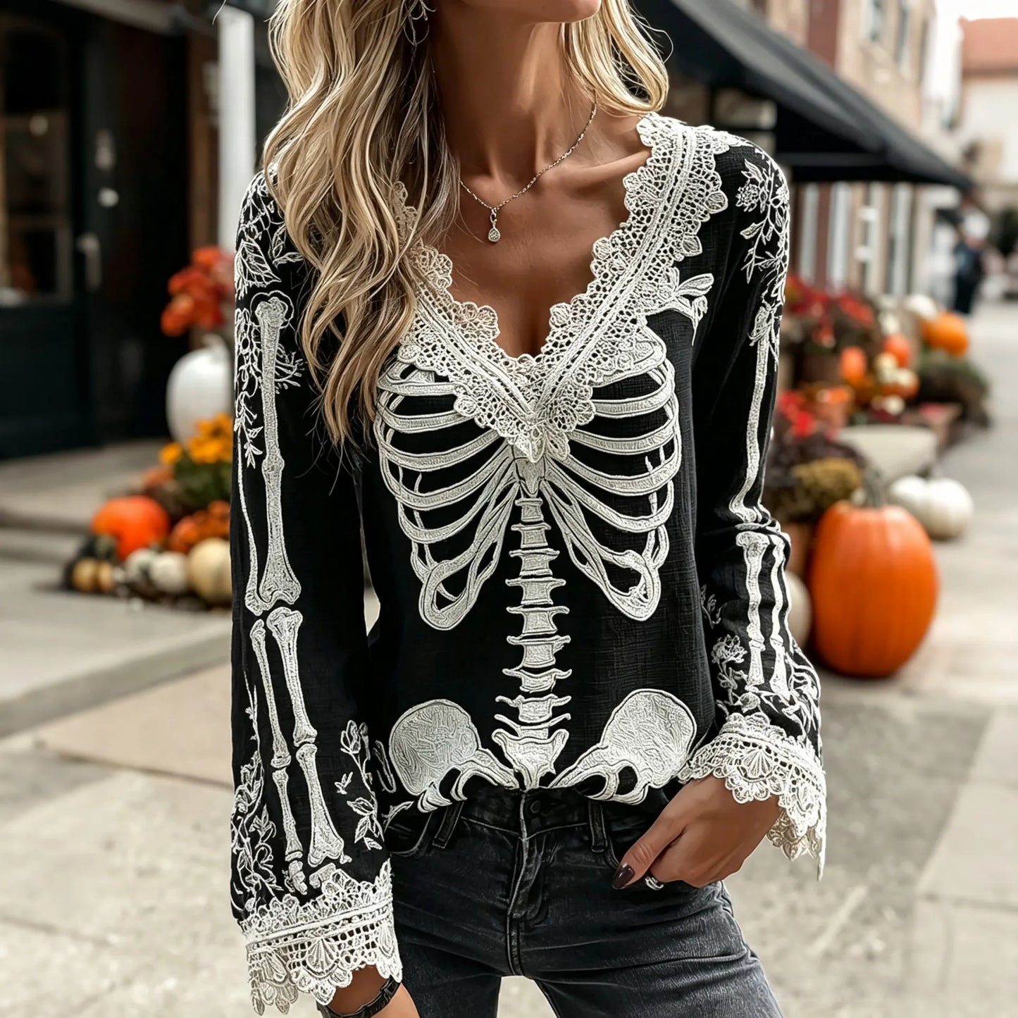 Women's Vintage Skeleton Pattern Rose Linen Blend Art Long Sleeve T-shirt