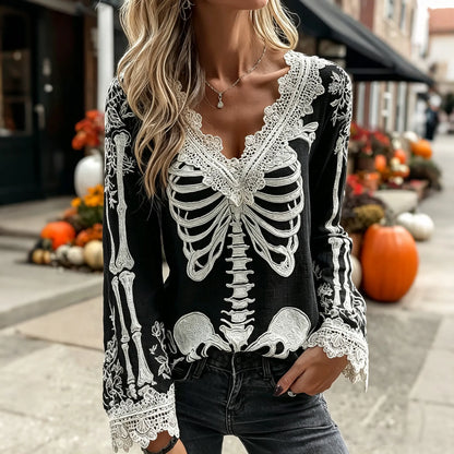 Women's Vintage Skeleton Pattern Rose Linen Blend Art Long Sleeve T-shirt