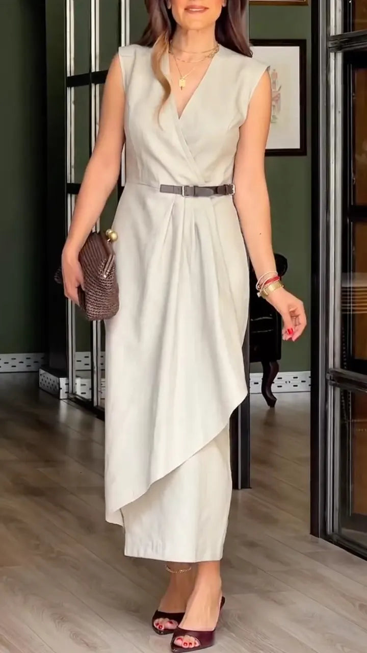 Beige Sleeveless Wrap Midi Dress with Belt