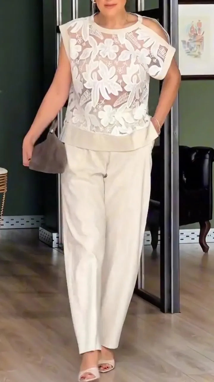 Floral Lace Cold-Shoulder Top & Trousers Co-Ord Set