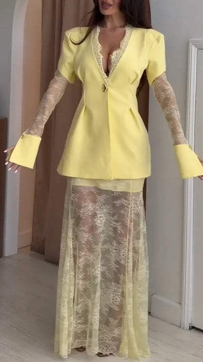 Lace‑Insert Blazer & Sheer Lace Maxi Skirt Co‑Ord Set