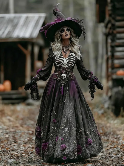 Women's Halloween Skull Floral Embroidered Witch Maxi Dress