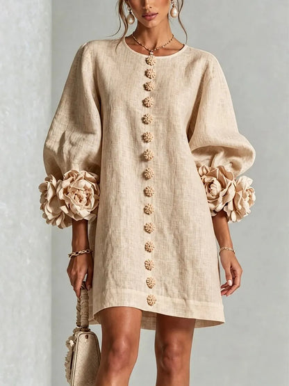 Women's 3D Floral Cuff Balloon Sleeve Mini Dress, Front Floral Button Cotton Linen Blend Shift Dress