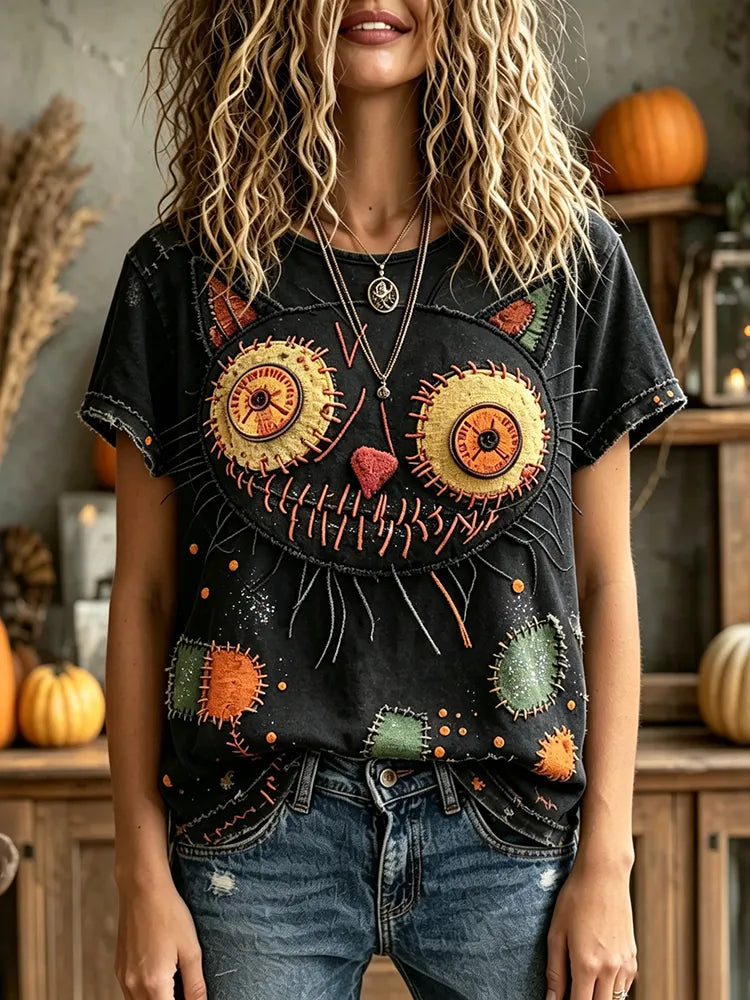 Women's Halloween Cat Patchwork Crew Neck T-shirt