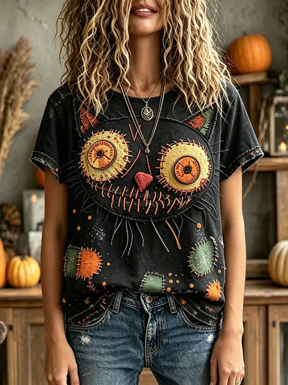 Women's Halloween Cat Patchwork Crew Neck T-shirt