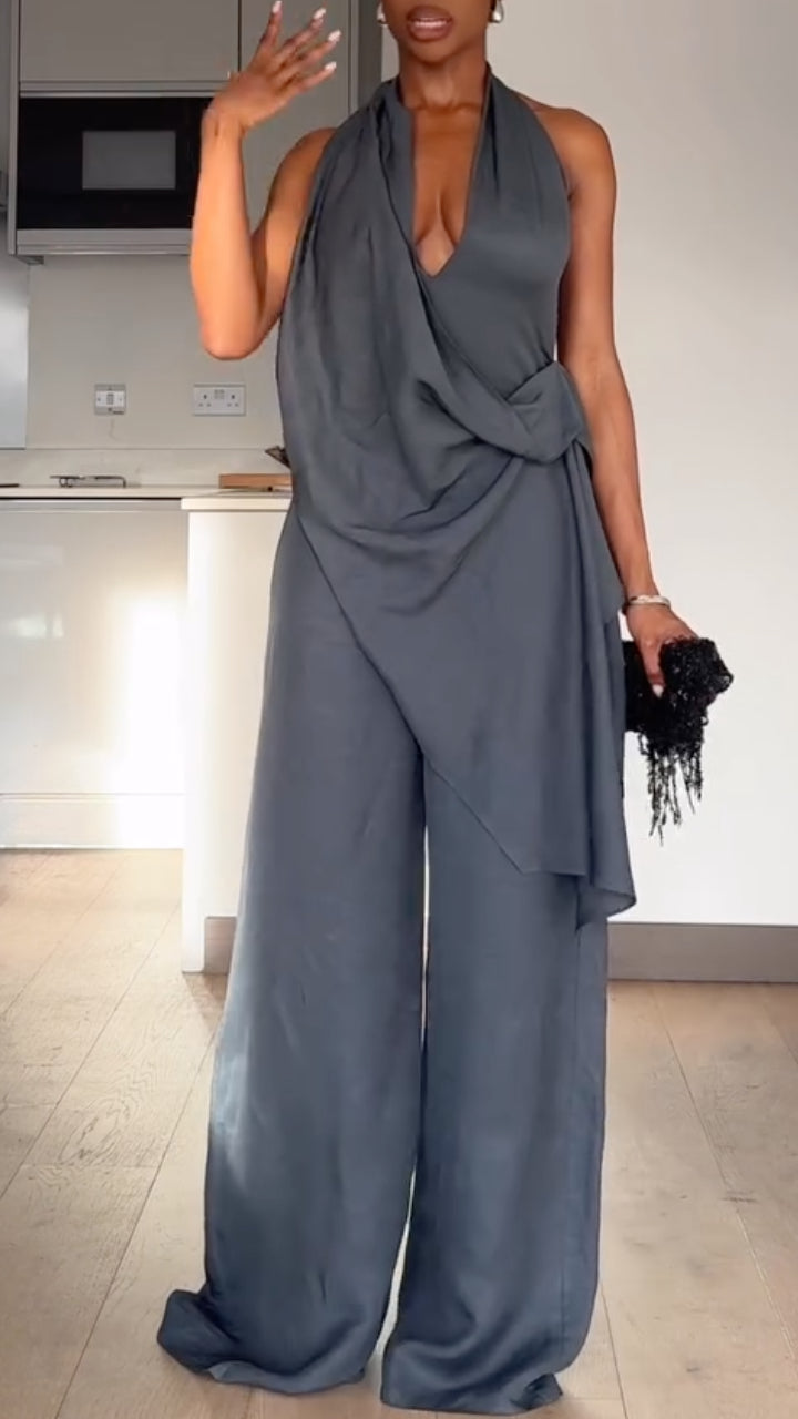 Grey Halter Neck Draped Wide Leg  Pants Set