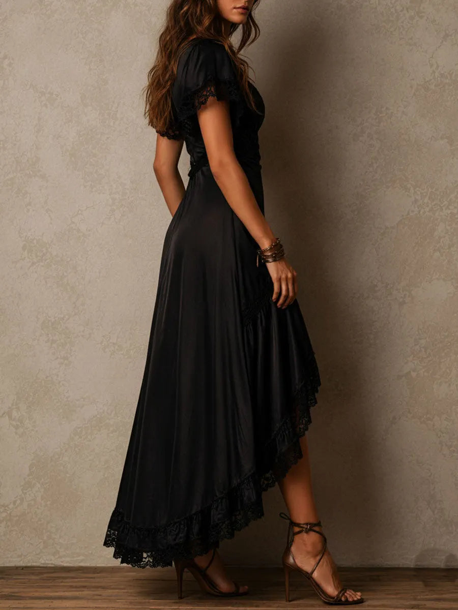 Elegant Black Satin Lace-trimmed Asymmetrical Maxi Dress