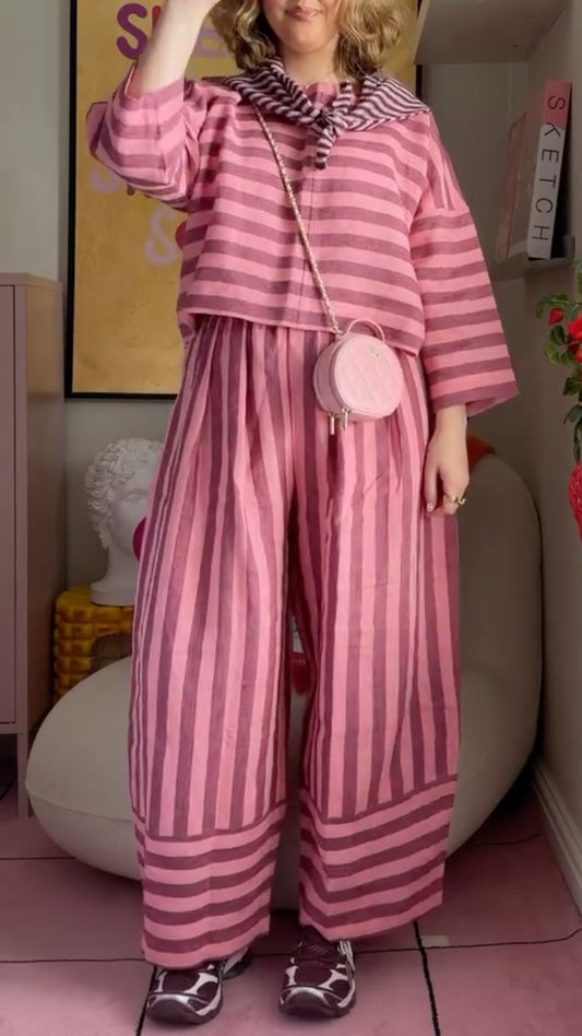 Pink and Magenta Striped Linen-Blend Co-Ord Set