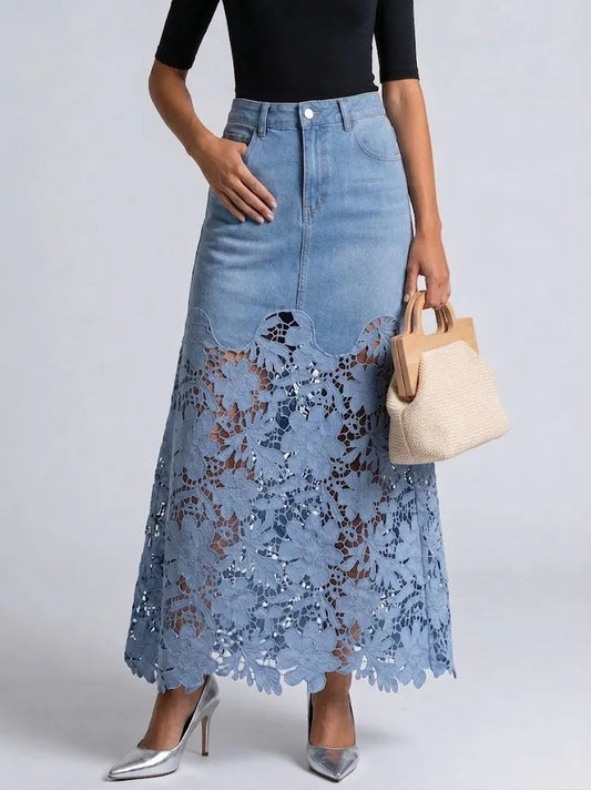 Stylish And Casual Patchwork Lace Denim Skirt