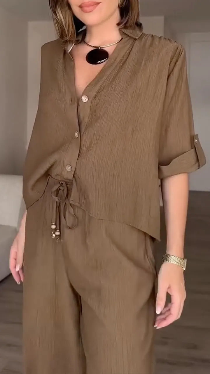 Brown Linen-Blend Button-Down Shirt & Wide Leg Pants Co-Ord