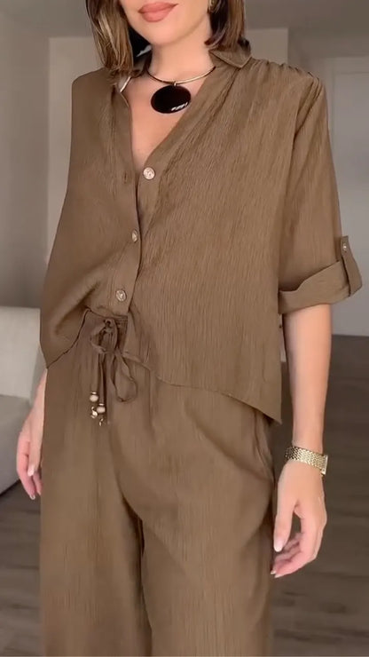 Brown Linen-Blend Button-Down Shirt & Wide Leg Pants Co-Ord