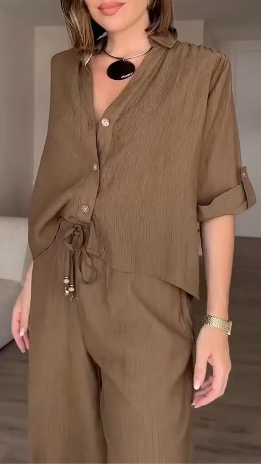 Brown Linen-Blend Button-Down Shirt & Wide Leg Pants Co-Ord