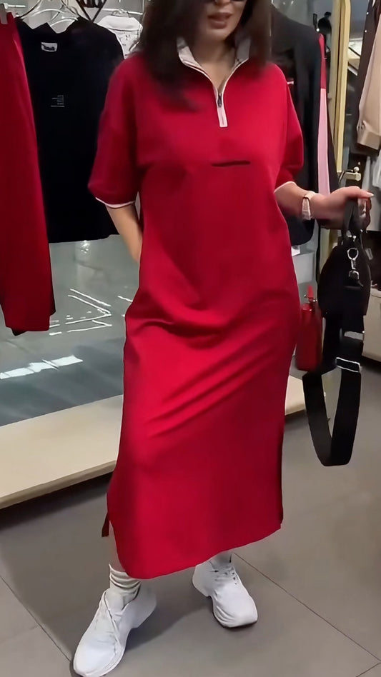 Women's Collared Half-Open Color Block Casual Dress