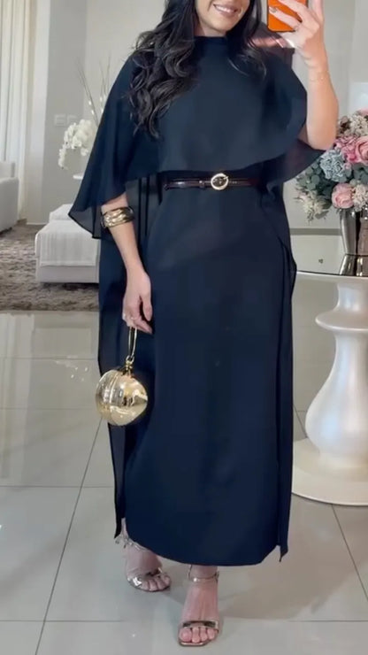 High Neck Cape Sleeve Layered Midi Dress