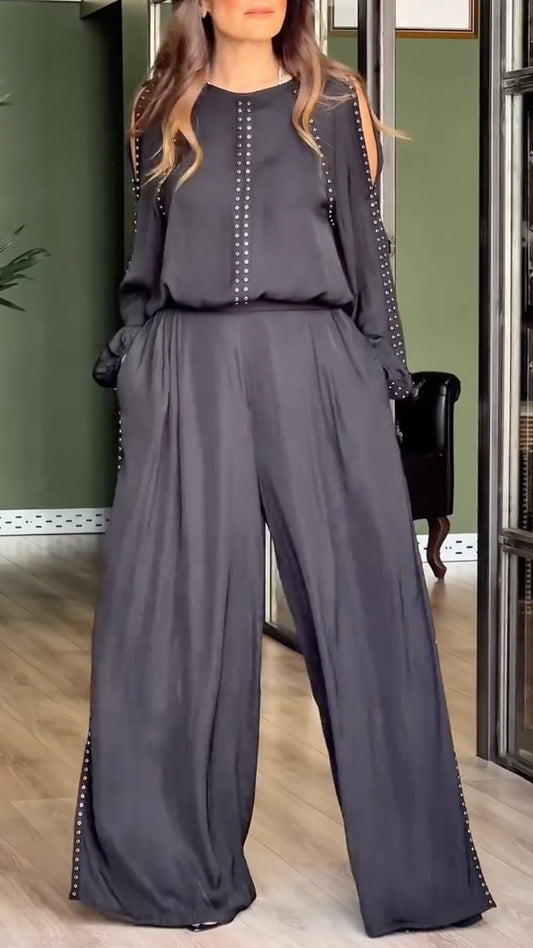 Studded Cold Shoulder Top Wide Leg Pants Set