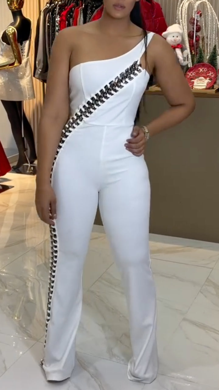 Chain Detail High Waist Flare Leg Jumpsuit