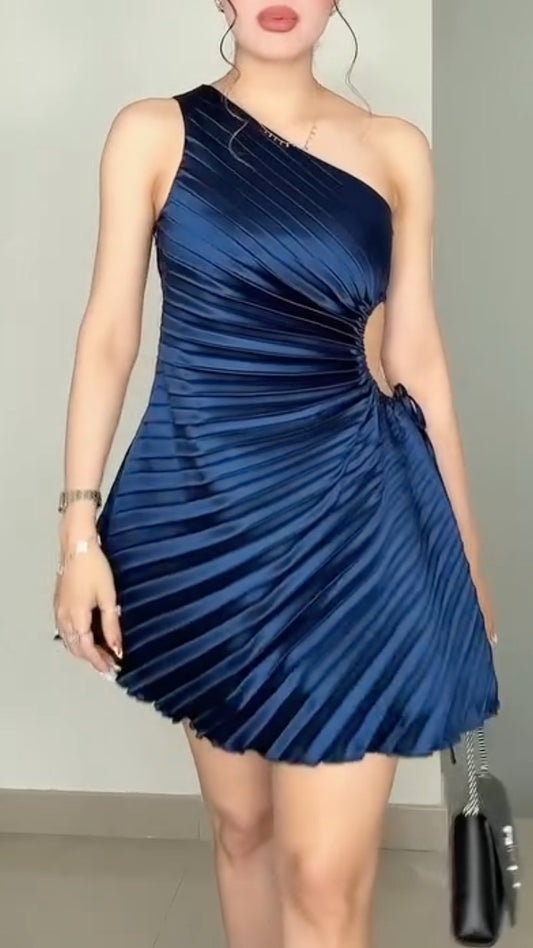 Navy Blue Pleated One Shoulder Mini Dress