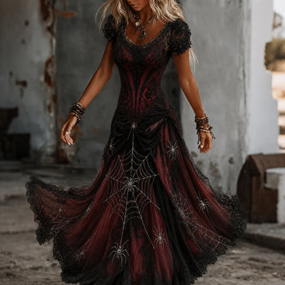 Women's Vintage Spider Web Art V-neck Short Sleeve Maxi Dress