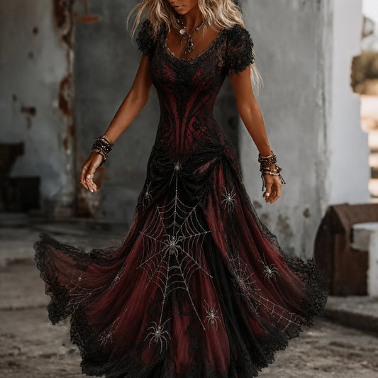 Women's Vintage Spider Web Art V-neck Short Sleeve Maxi Dress