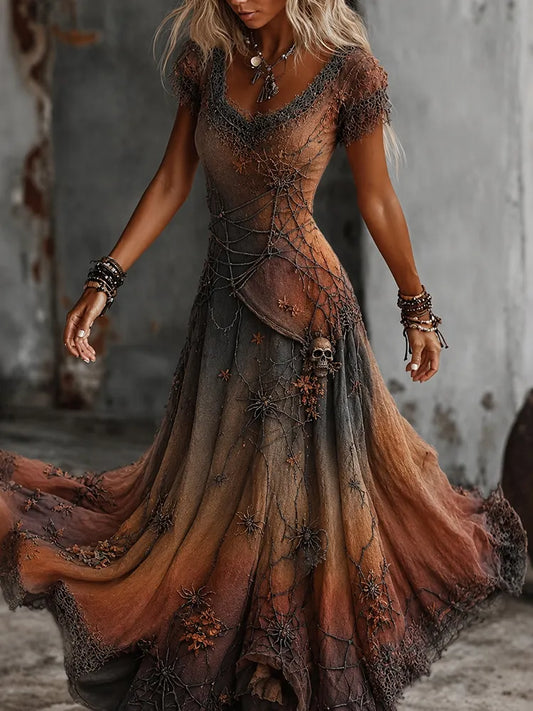 Women's Retro Gothic Spiderweb And Skull Lace Print Short-sleeve Mixi Dress