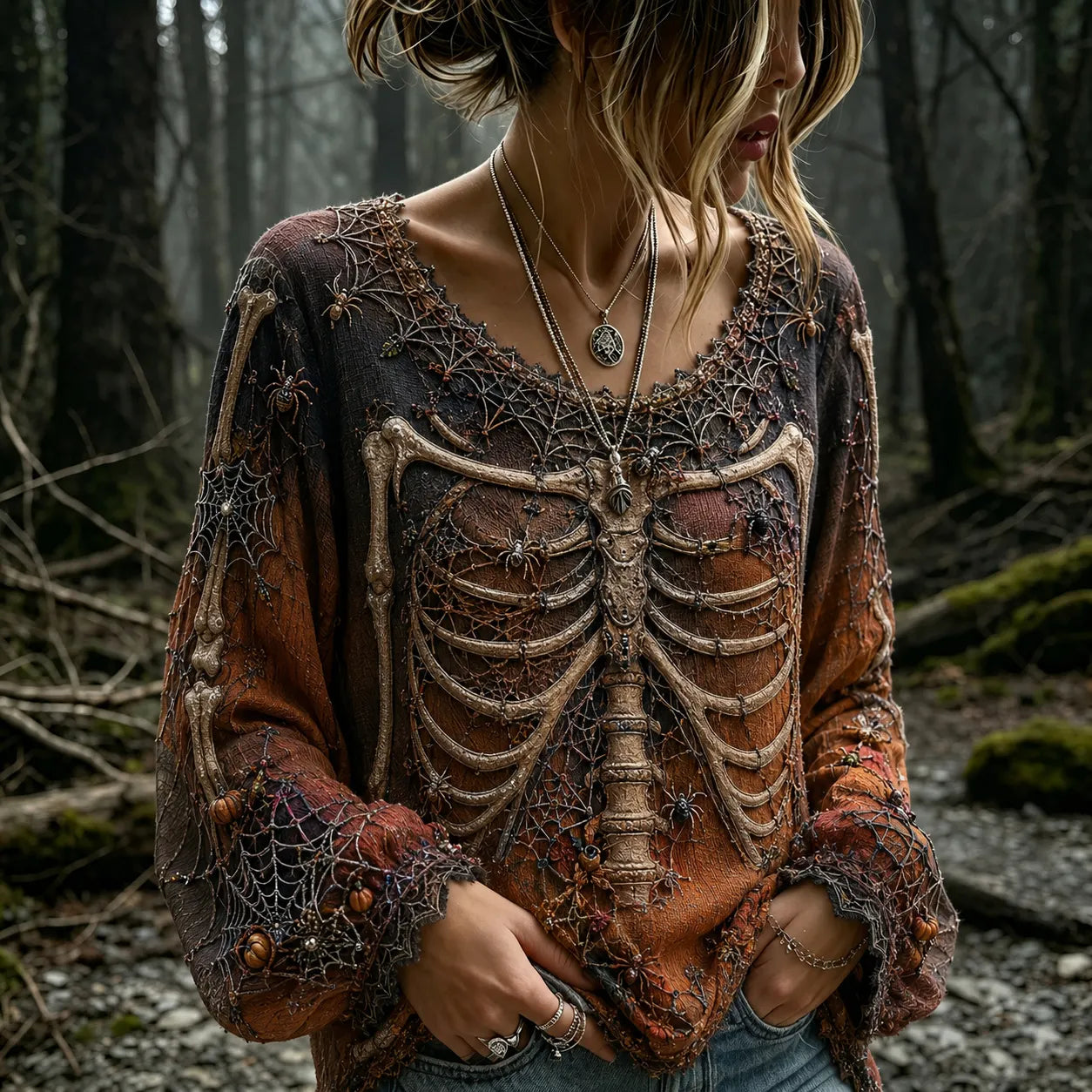 Women's Vintage Halloween Human Skeletal Art Crew Neck Long Sleeve T-shirt