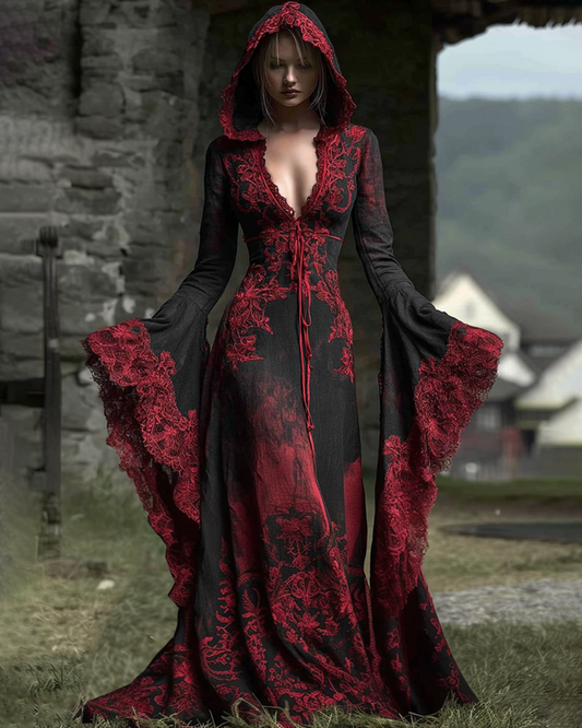 Halloween Themed Irregular Lace Patchwork Hooded Dress 7870