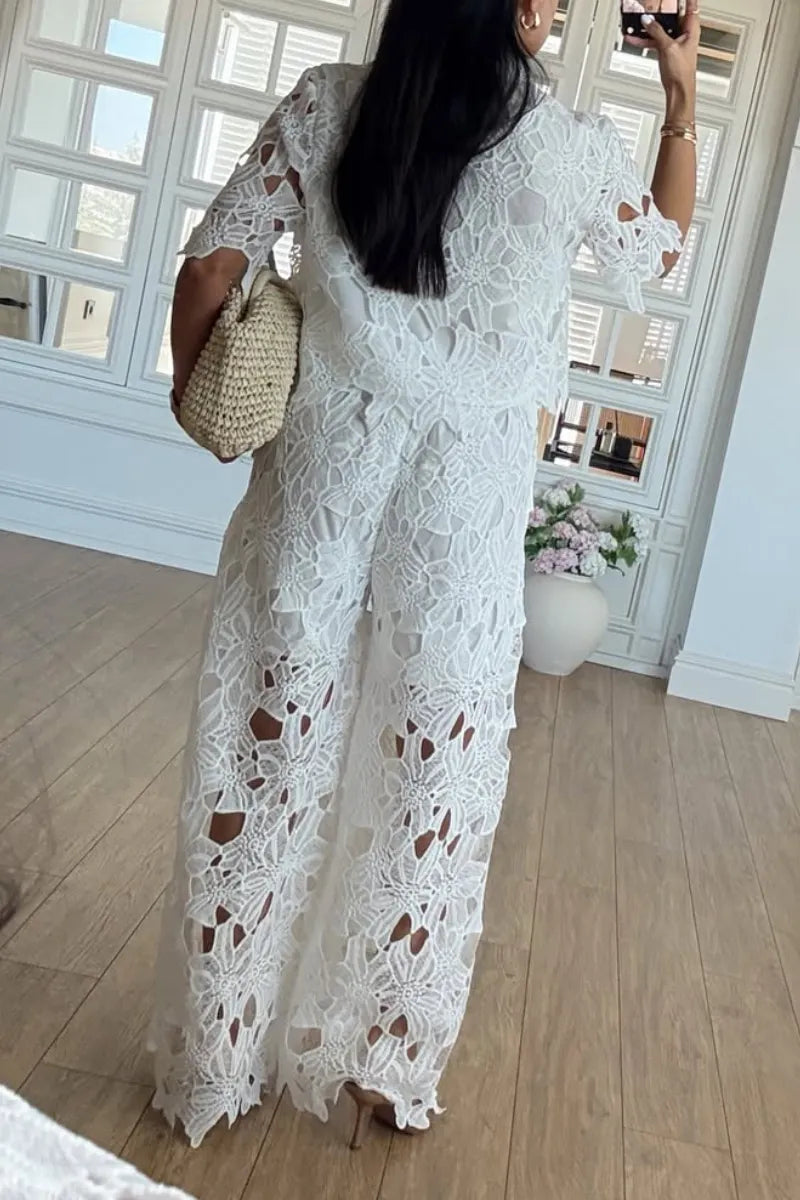 Floral Lace Shirt Wide Leg Pants Two-Piece Set
