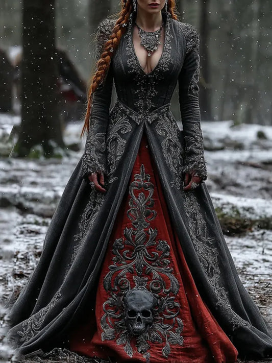 Women's Vintage Viking Skull Embroidery V Neck Casual Maxi Dress