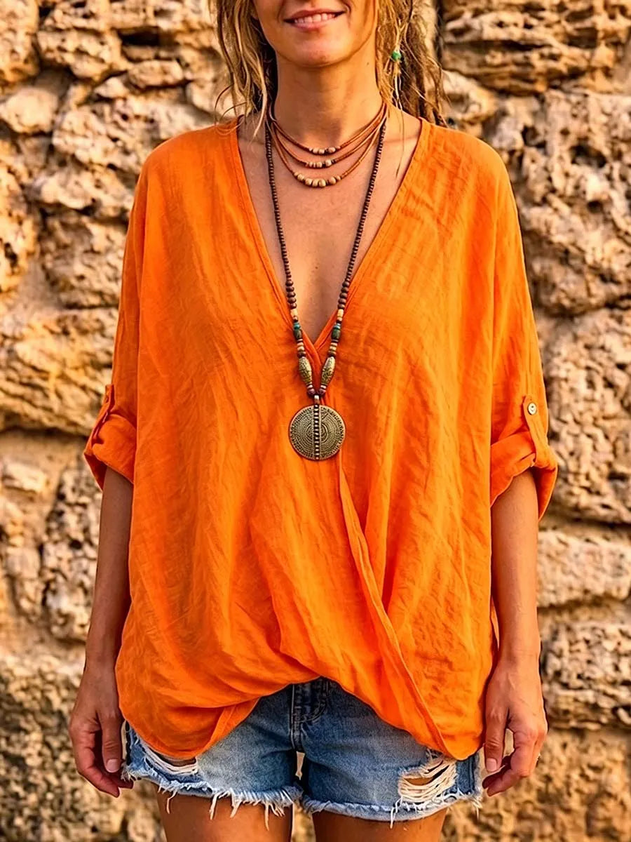 Women's Solid Color V-neck Long-sleeve Casual Loose Cotton-linen Top