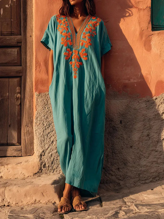 Vibrant Embroidered V-neck Kaftan Maxi Dress