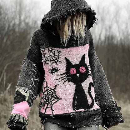 Halloween Scared Black Cat Patchwork Stitched Cozy Knit Hooded