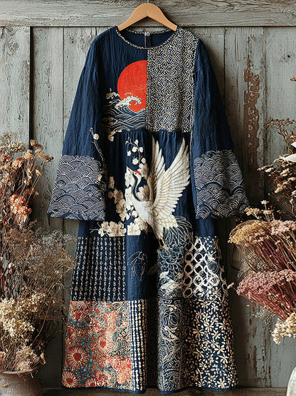 Women's Retro Japanese Crane And Sunset Art Linen Blend Round Neck Dress