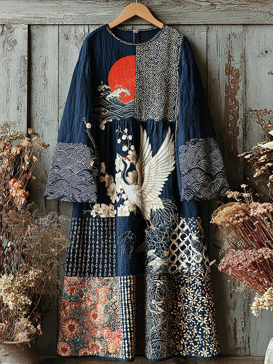 Women's Retro Japanese Crane And Sunset Art Linen Blend Round Neck Dress