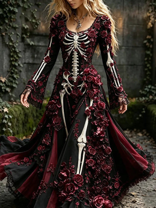 Women's Retro Halloween Rose And Human Skeletal Art Pattern Maxi Dress