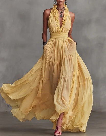 Ruffle Halter Pleated Flowy Maxi Dress