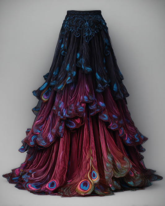 Elegant Patchwork Peacock Long Skirt  41fa