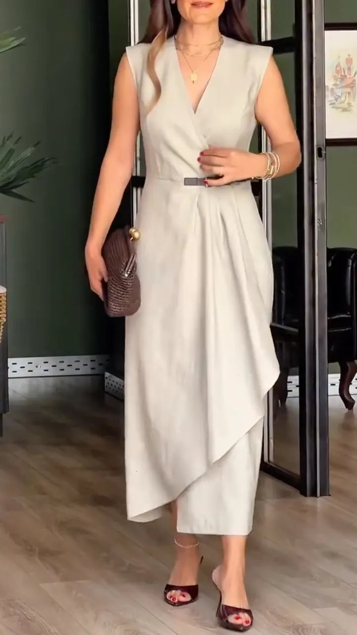 Beige Sleeveless Wrap Midi Dress with Belt