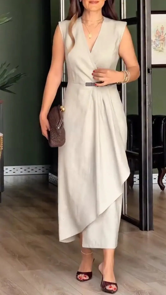 Beige Sleeveless Wrap Midi Dress with Belt