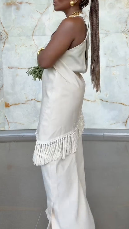 Fringe Halter Top & Flared Pants Two Piece Suit