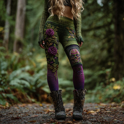 Women's Vintage Skull And Rose Patchwork Comfortable Leggings